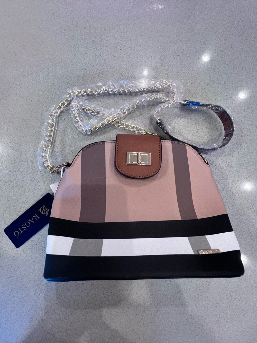 NWT Ragsto Plaid Crossbody Bag Chain Strap Brown Tan Turn Lock Flap Zip Closure